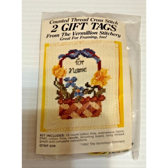 NEW Vermillion Stitchery 2 Gift Tags Cross Stitch Kit Flower Basket GTEF508 - Picture 1 of 2